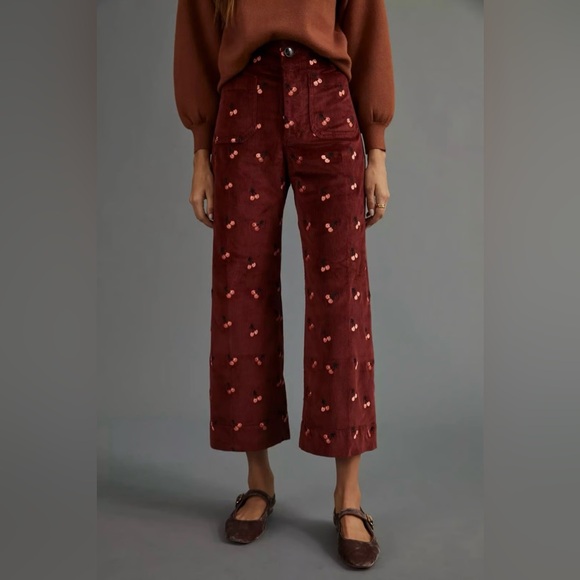 Anthropologie Maeve The Colette Cherry Embroidered Corduroy Cropped Pants